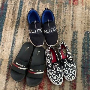 Sketchers slip on, nautica sandals, nautica slip on shoes. All boy size 3.
